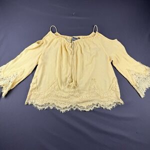 Soho Jeans Yellow Peasant Blouse L Cold Shoulder Lace Trim V-Neck 3/4 Sleeve
